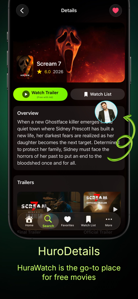Hurawatch : Movies & Trailers - Screenshot dell'app Hurawatch che mostra la panoramica dei dettagli del film e i trailer di Scream 7.