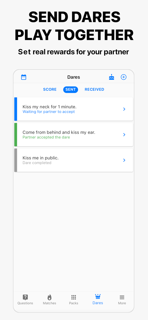 Spicer - Sex Ideas For Couples - Interfaz de la aplicación Spicer mostrando una lista de atrevimientos y desafíos íntimos enviados para parejas