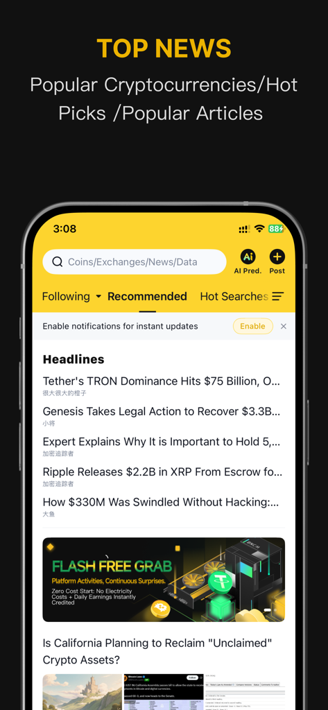 CoinMeta - Blockchain News - Screenshot of the CoinMeta app displaying top blockchain news headlines and popular cryptocurrency articles