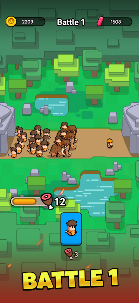 Eternal Empire: Warrior Eras - Eternal Empire gameplay showing prehistoric warriors and mammoths during Battle 1