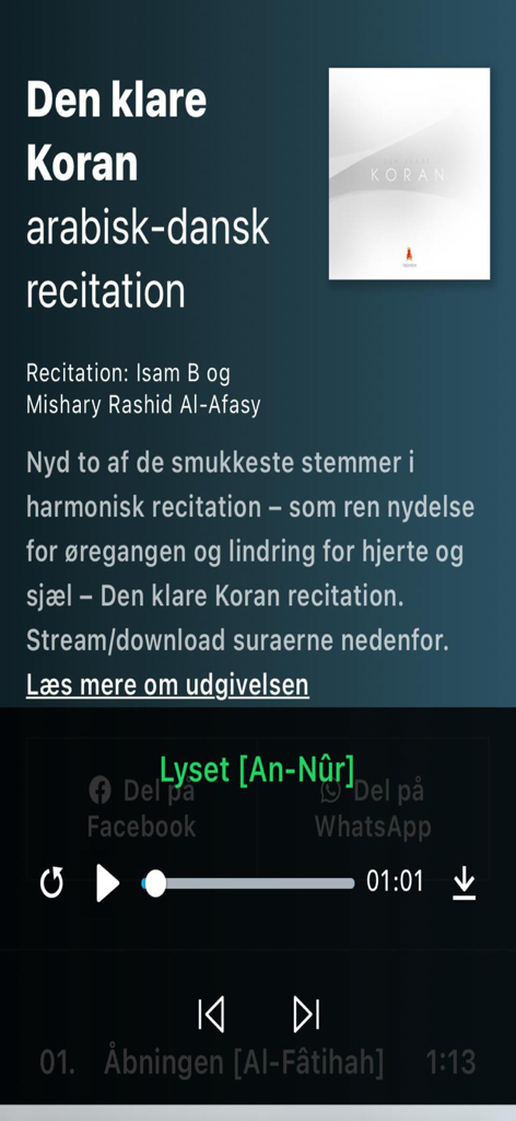 Audio player interface of the Den Klare Koran app showing Danish and Arabic recitation controls.