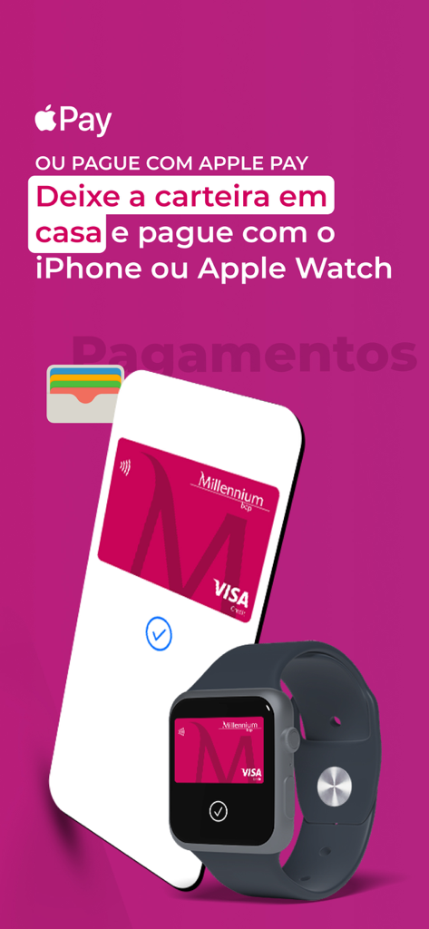 Millennium bcp mobile app promotional screen for Apple Pay on iPhone and Apple Watch