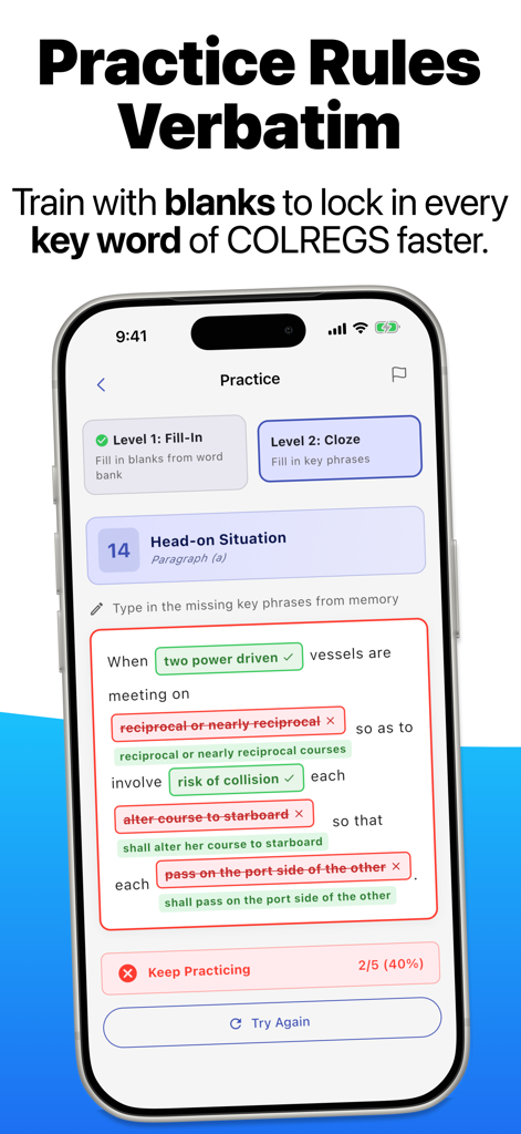Neptune: Navigation Rules - Mobile screen showing the verbatim memory trainer for maritime navigation rules in the Neptune app