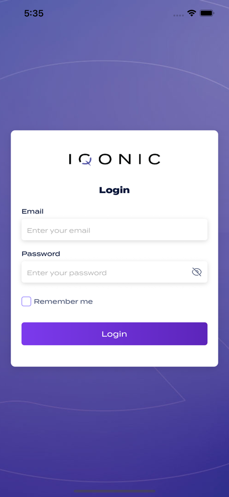 Login screen of the IQ Social app with email and password input fields