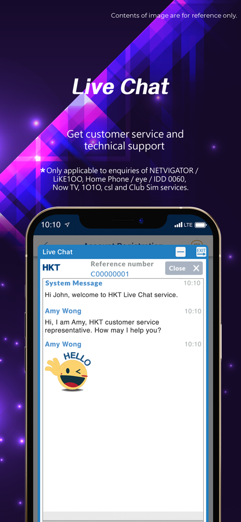 A screenshot of the My HKT app live chat interface showing a customer service conversation