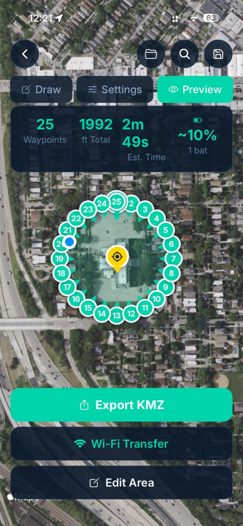 Mission Planner for DJI Drones - Mission Planner app interface showing a circular drone orbit mission with 25 waypoints on a satellite map