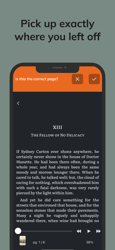 Tribooks app interface displaying synchronized ebook and audiobook progress with the text Pick up exactly where you left off