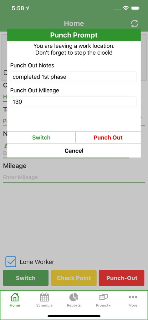 Timesheet Mobile app displaying a punch out notification with fields for job notes and mileage tracking
