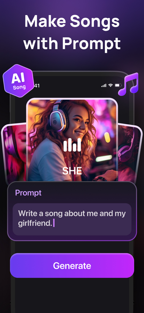 Interfaz de la aplicación Generador de Canciones con IA que muestra cómo crear canciones con una indicación de texto