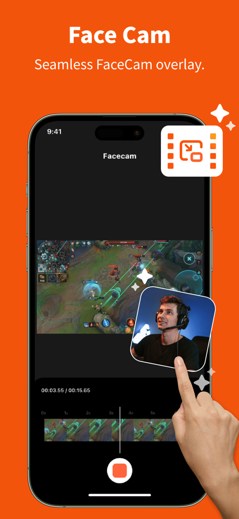 RecGen 앱 인터페이스가 모바일 게임 화면 녹화에서 Face Cam 오버레이 기능을 시연합니다.