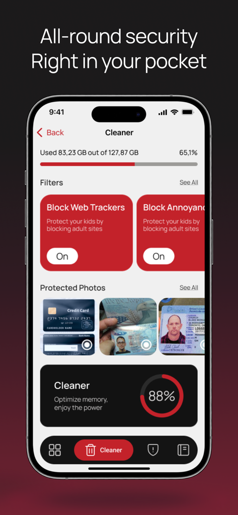 Total Security for Web & Phone - Dashboard of Total Security app for iPhone showing storage optimization and web tracker blocking features.