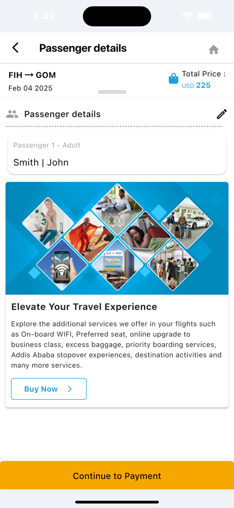 Air Congo - Schermata dell'app mobile Air Congo che mostra i dettagli del passeggero per un volo da Kinshasa a Goma con opzioni per servizi di viaggio aggiuntivi.