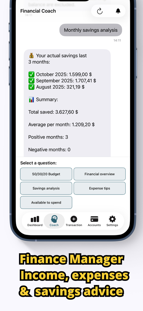 Cash Book: Cash Counter - Una captura de pantalla de la aplicación móvil que muestra un coach financiero de IA proporcionando un análisis de ahorros mensual y consejos de presupuesto.