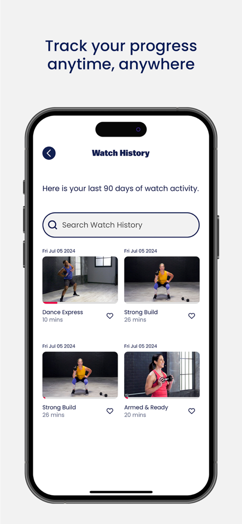 Wellbeats app interface showing a list of recently watched fitness and wellness videos to track progress