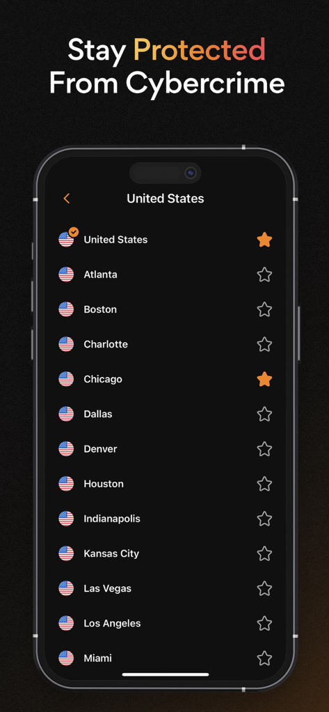 Interfaccia dell'app UltraVPN che visualizza un elenco di posizioni server sicure nelle principali città degli Stati Uniti