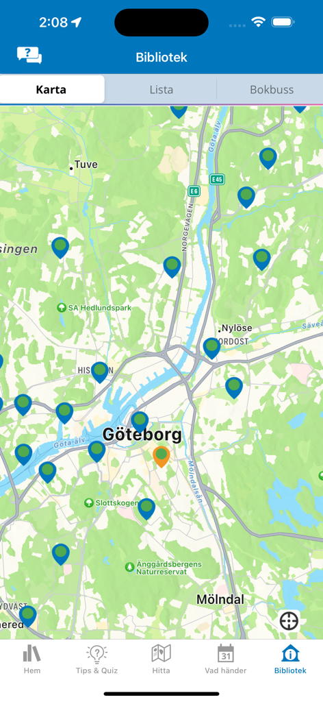 Biblioteket - A map of Gothenburg showing library locations within the Biblioteket mobile app.