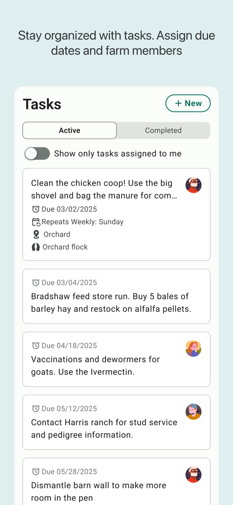 A screenshot of the FarmKeep app task list showing active farm chores, due dates, and assigned team members.