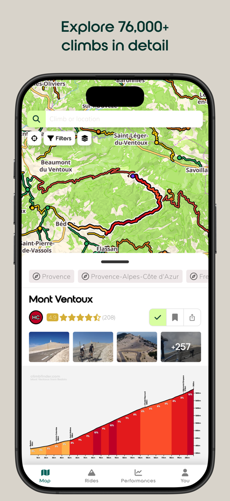 climbfinder - cols & hills - Una mappa dettagliata e un profilo altimetrico della salita ciclistica del Mont Ventoux nell'app climbfinder