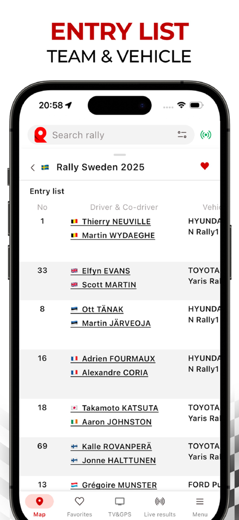 RallyPin - RallyPin app interface showing the entry list of drivers and teams for Rally Sweden 2025