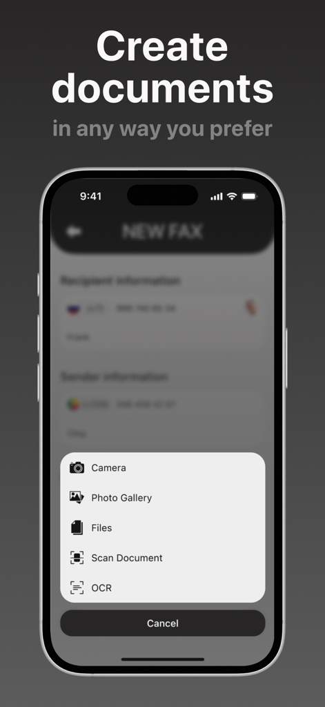 FAX app: Simple Faxing - Un menu nell'app Fax che mostra le opzioni per creare documenti tramite fotocamera, galleria, file, scansione documenti e OCR