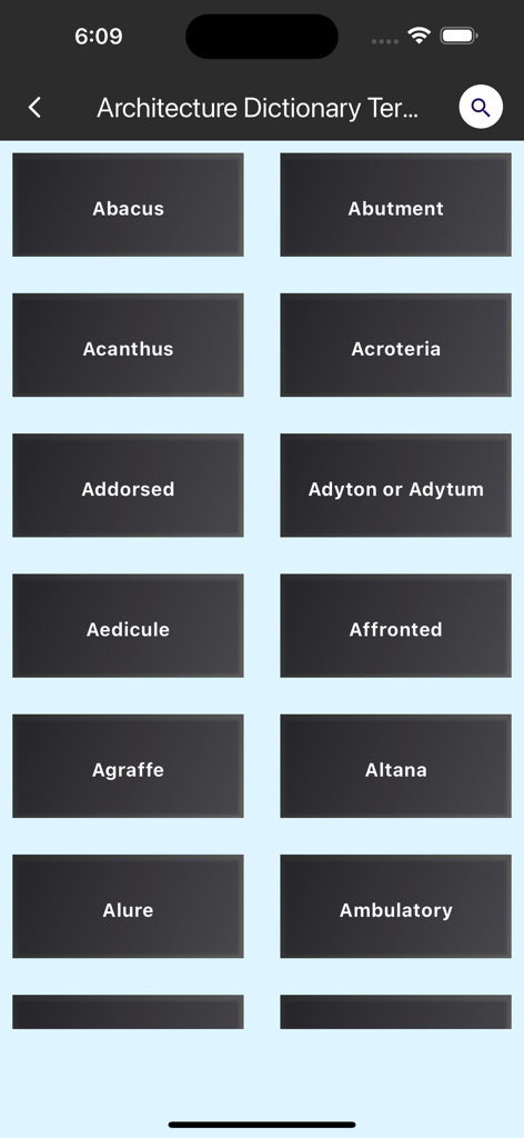 Bildschirm der mobilen App, der ein Raster von Architektur-Begriffen zeigt, einschließlich Abakus, Widerlager und Akanthus.