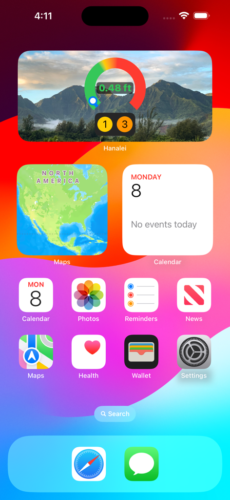 Hanalei app widget on an iPhone home screen showing real-time river gauge data