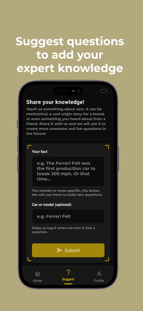 Car Geek - Car Geek app screen allowing users to submit car facts and suggest new trivia questions.