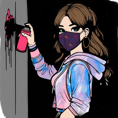 realistic girl with mask spray painting a wall