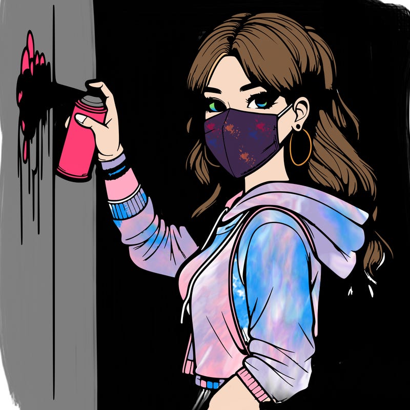 realistic girl with mask spray painting a wall