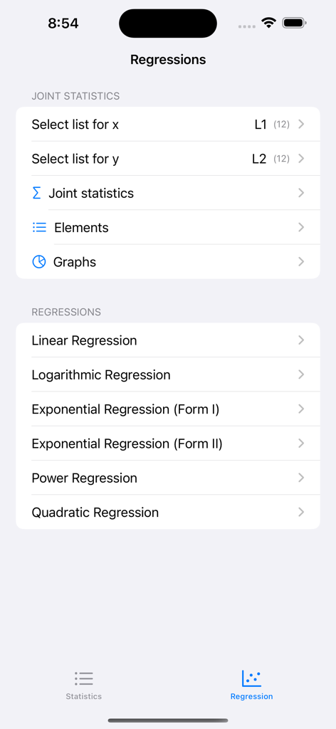 Statistics Calculator++ - Regression analysis menu in the Statistics Calculator app showing various models like linear and logarithmic regressions