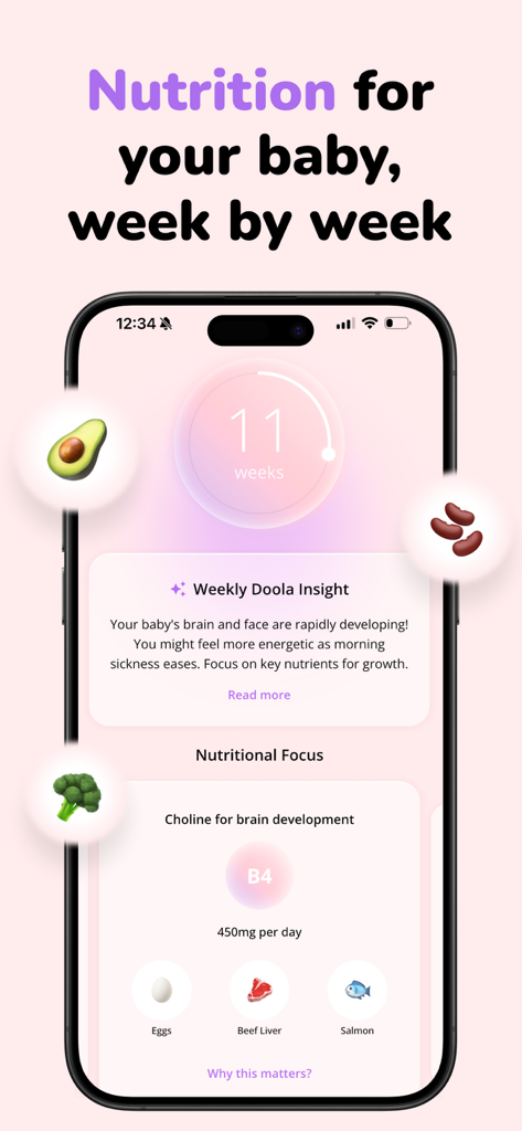 Interfaz de la aplicación Doola que muestra información nutricional semanal para el embarazo y seguimiento del desarrollo del bebé para la semana 11