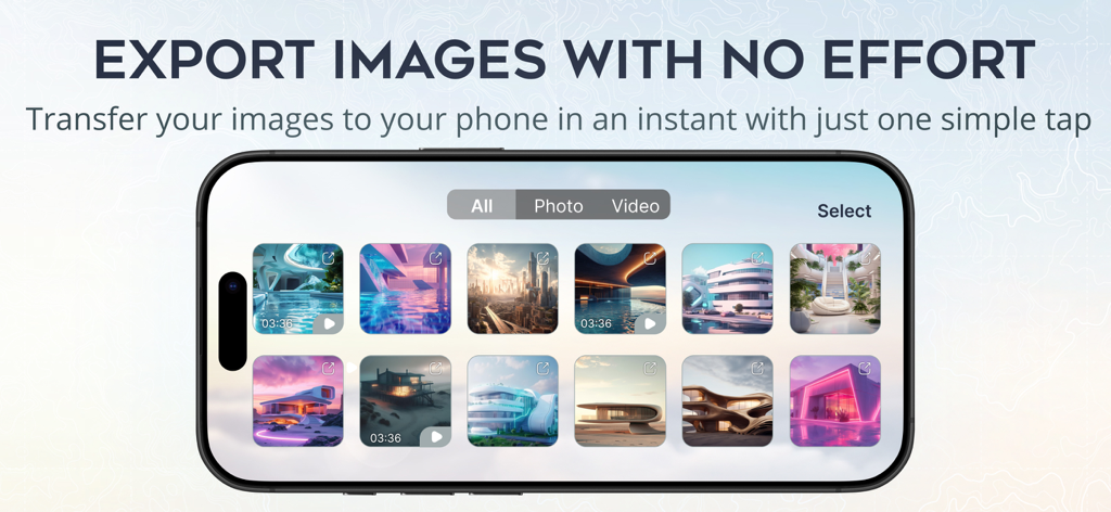 Fly Go 4 app interface showing a gallery of drone photos and videos for quick export to a smartphone.