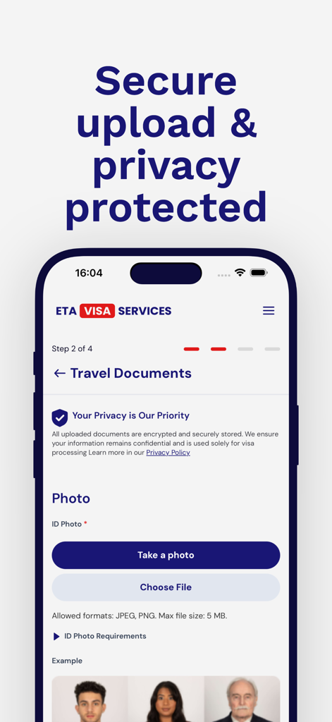 UK ETA Visa Services - Interfaz de la aplicación UK ETA Visa Services que muestra la carga segura de documentos de viaje y fotos de identificación con protección de privacidad