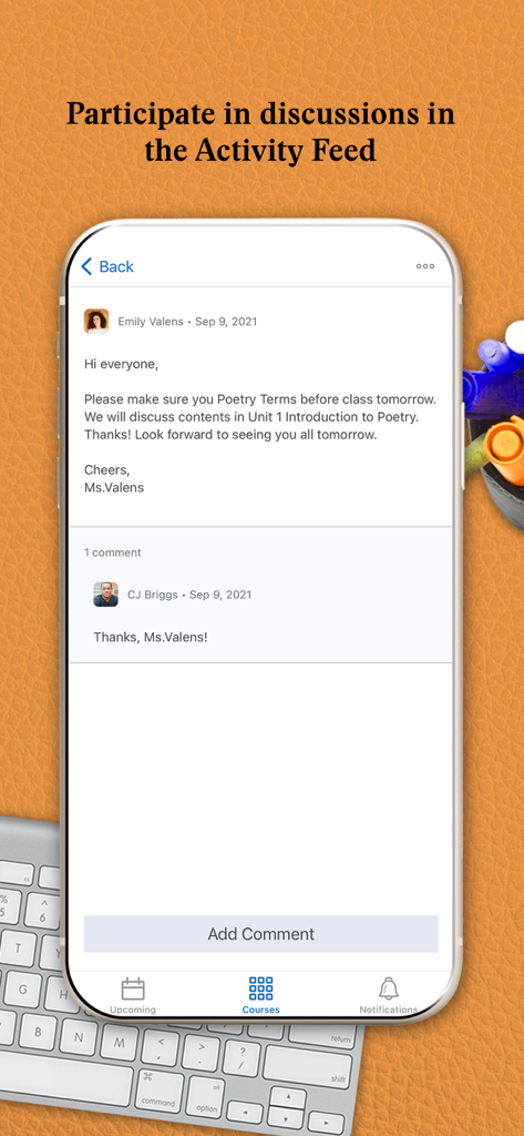 Brightspace Pulse - Brightspace Pulse app screen showing an activity feed discussion with comments from instructors and students.