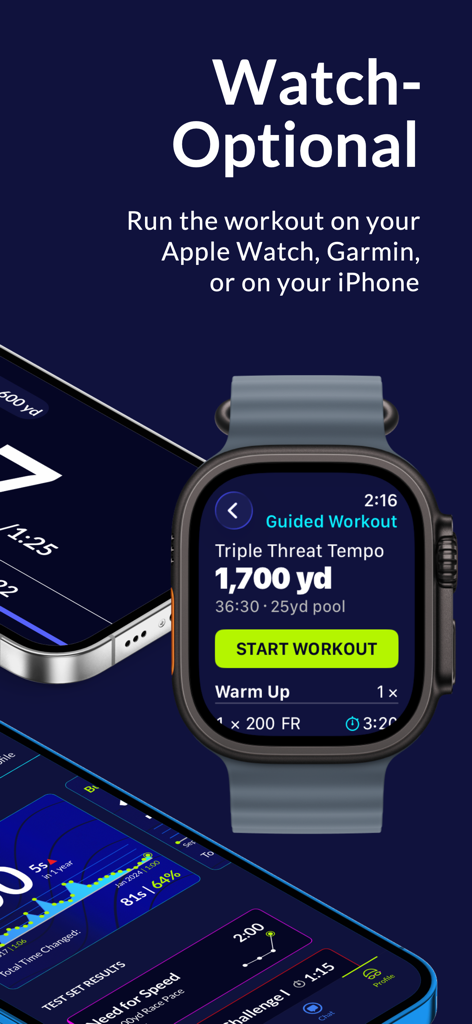MySwimPro app interface showing a guided swim workout on an Apple Watch and iPhone
