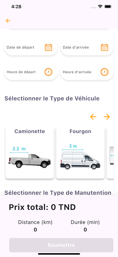 트럭 또는 밴과 같은 다양한 차량 유형 중에서 선택하고 배달을 예약하기 위한 DayTruck 앱 인터페이스