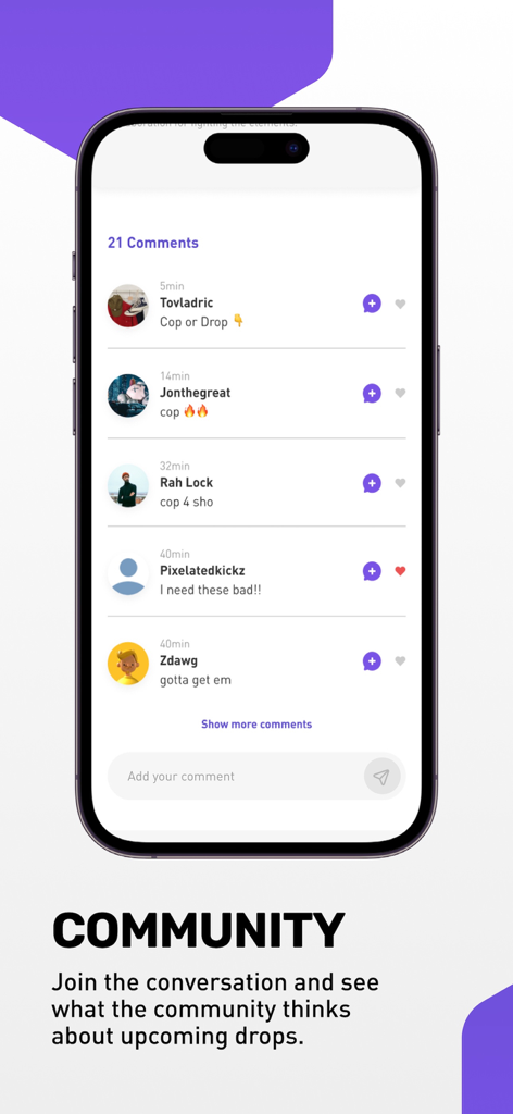 A mobile screen showing the Sneaker Crush community section with user comments discussing upcoming sneaker drops and releases.