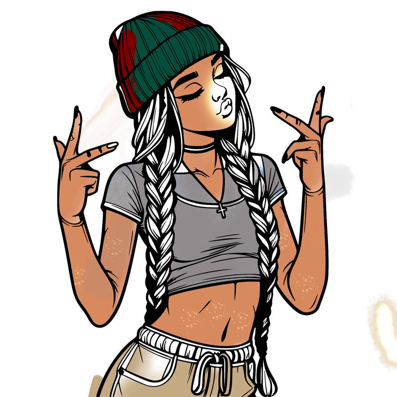 realistic teenage girl with braids and a beanie and crop top doing 🫶🏼