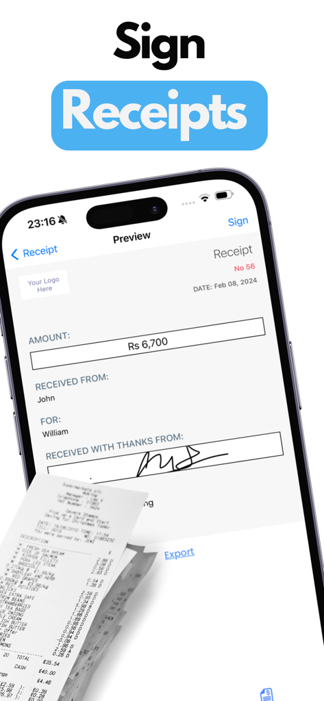 Make Receipt - Sign, Print PDF - An iPhone screen showing a professional digital receipt with a signature field and transaction details