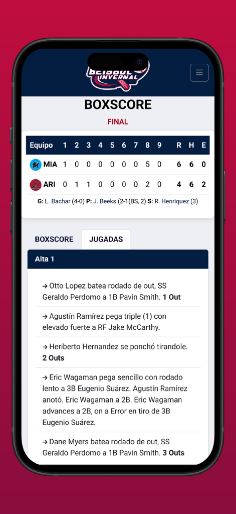 Beisbol Invernal - Mobile app interface for Beisbol Invernal showing baseball boxscores and play by play updates