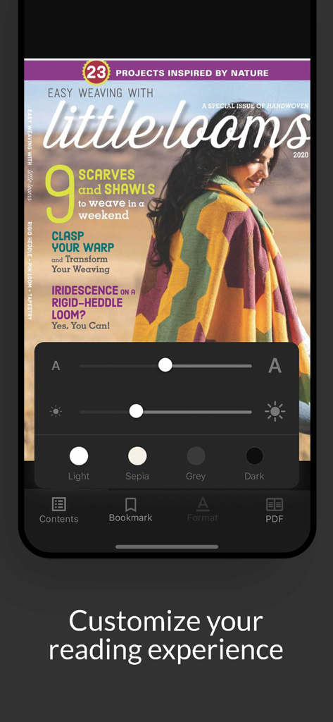 Little Looms - A smartphone showing the Little Looms digital magazine with customization settings for font size, brightness, and color themes.