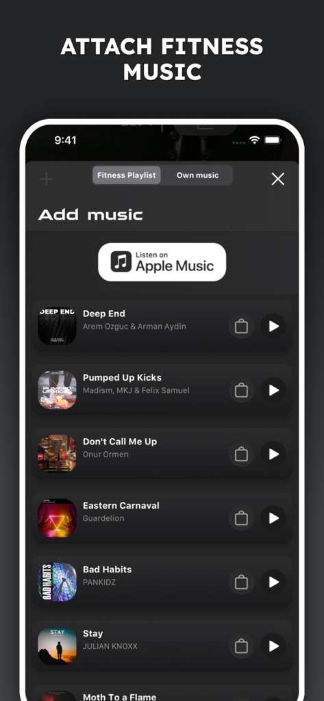 Gym Workout Tracker Planner AI - Interfaz de la aplicación Gymnotize que muestra opciones para agregar música de fitness y listas de reproducción de Apple Music