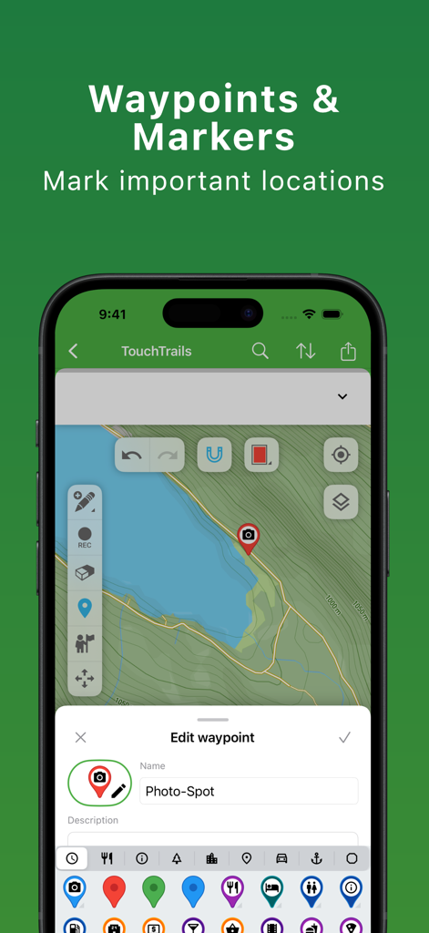 TouchTrails – Route Planner - Interfaz de la aplicación TouchTrails para agregar y editar waypoints y marcadores personalizados en un mapa topográfico.