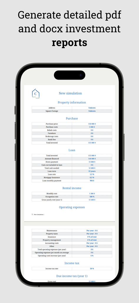 CapLens - Rental Analysis - A detailed real estate investment report on an iPhone showing purchase costs, loan terms, and rental income projections.