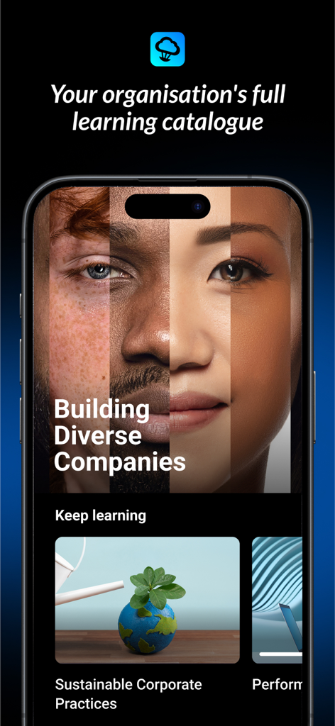 Learning Cloud LMS - Mobile Ansicht der Learning Cloud LMS App, die unternehmensinterne Lernkurse wie 'Building Diverse Companies' anzeigt.