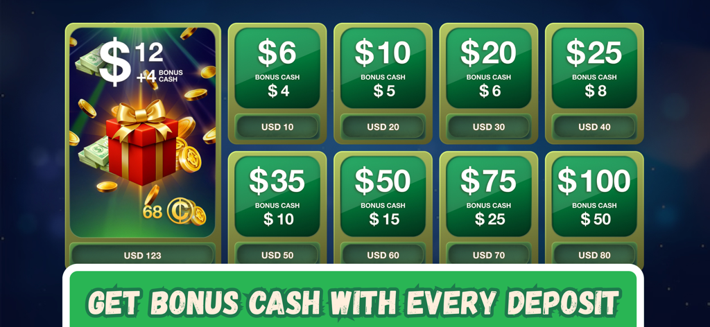 Backgammon Cash app screen showing various deposit amounts and bonus cash rewards.