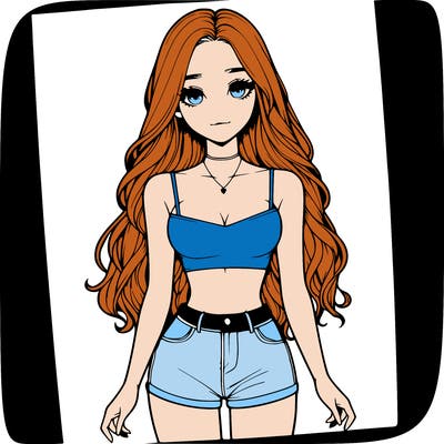 a realistic girl with long hair and in a crop top and shprts