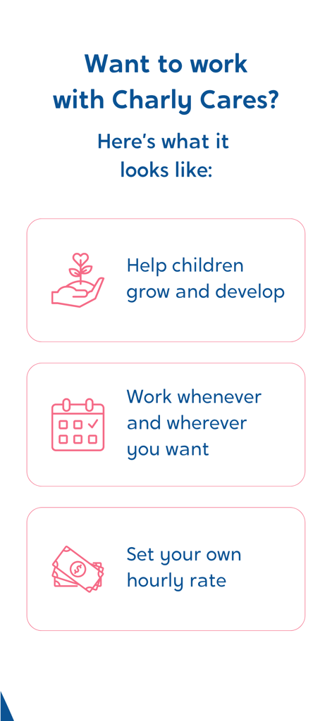 Charly Cares | Babysitting App - Charly Caresのベビーシッター向けのメリットの概要。柔軟なスケジュール設定やカスタム時給などが含まれます。