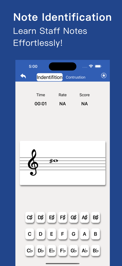 Recurso de identificação de notas no aplicativo Music Tutor mostrando uma pauta musical e botões interativos