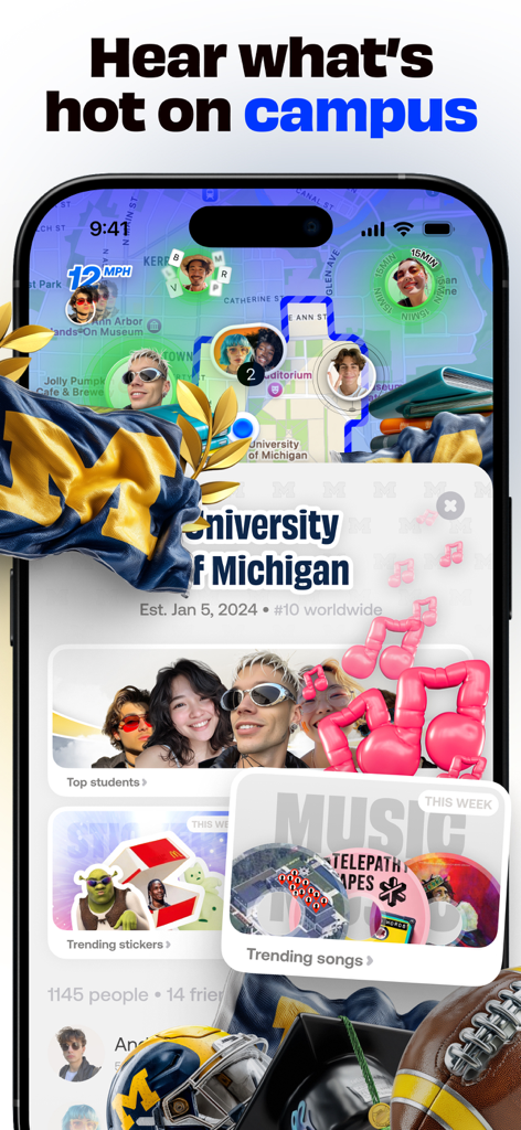 Bump app interface displaying university campus map and social trends